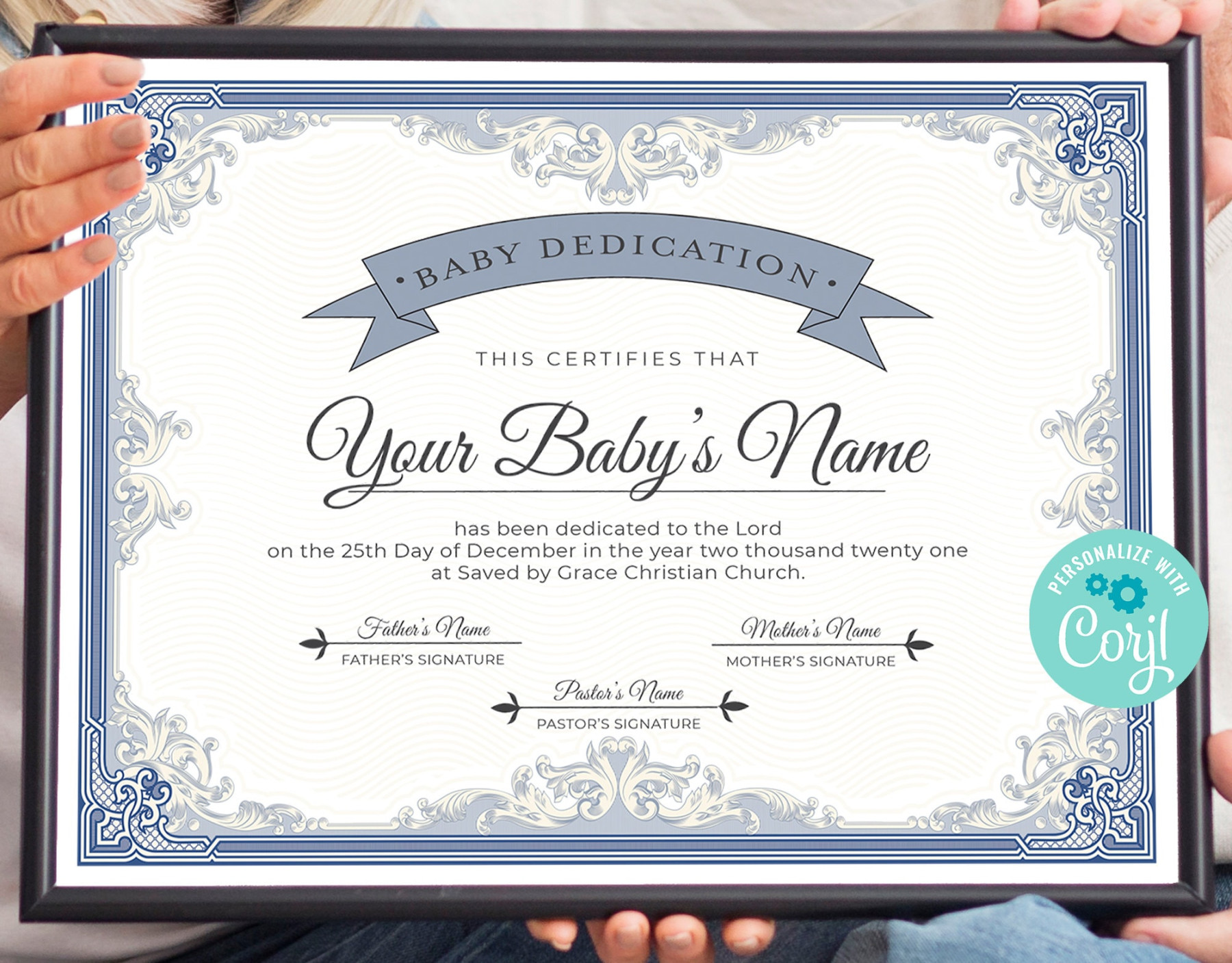 Blue Baby Dedication Certificate, Editable Baby Christening