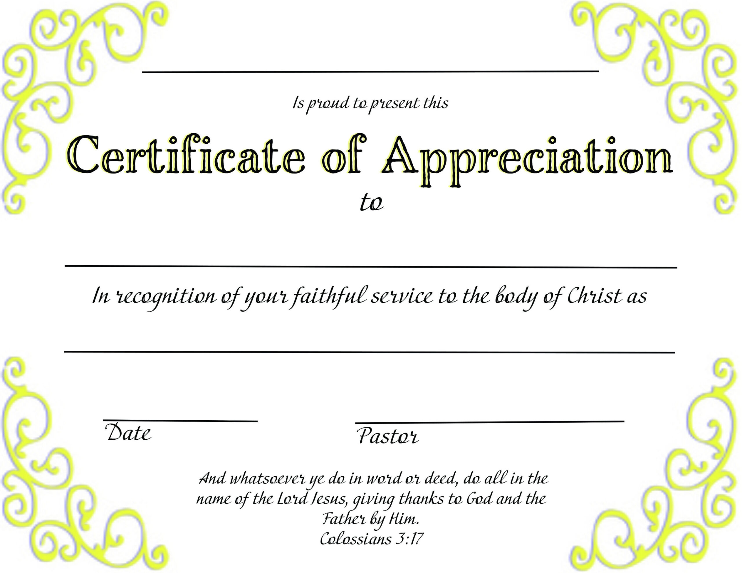 Christian Certificate of Appreciation Generic Printable