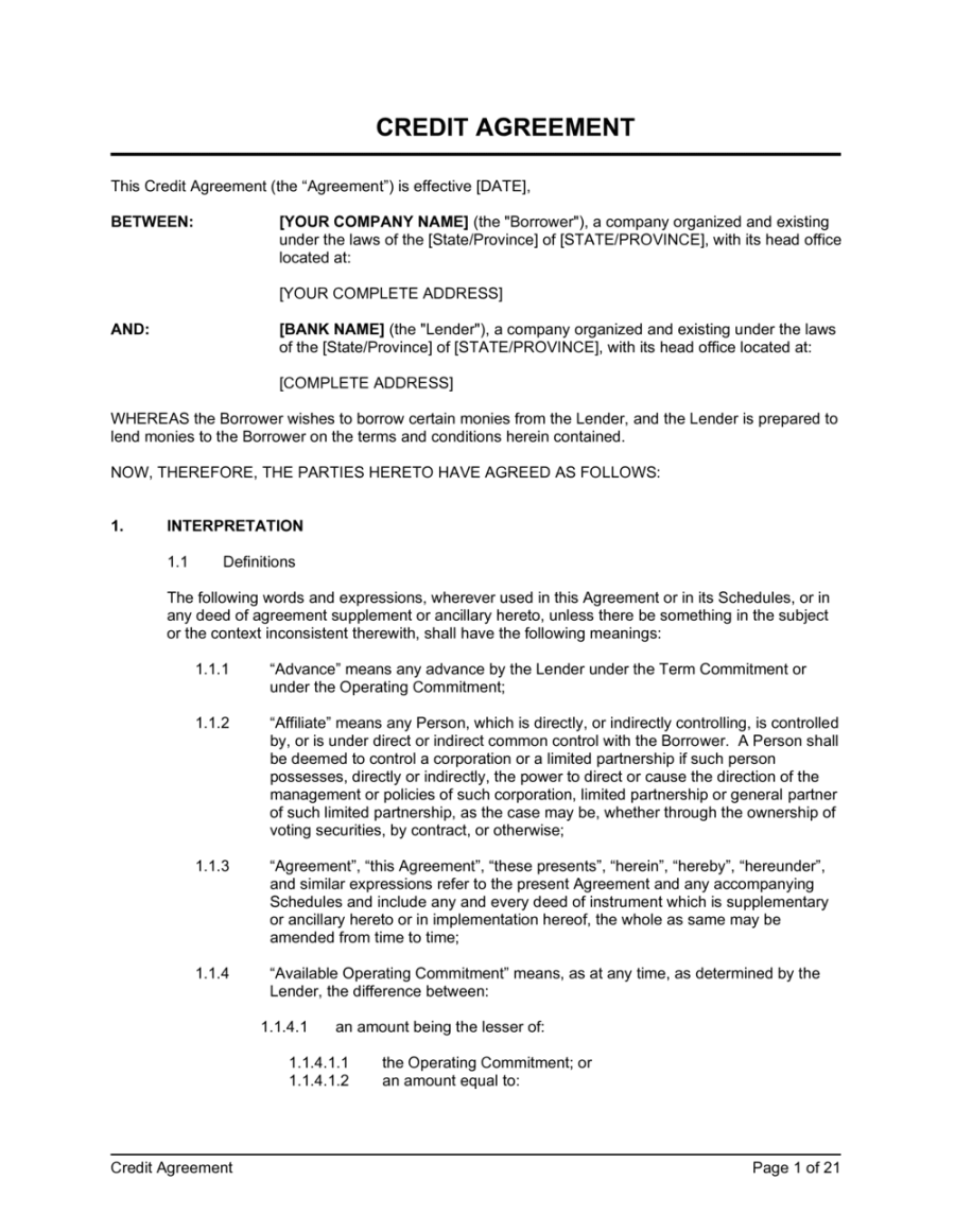 Credit Agreement Template  [Download