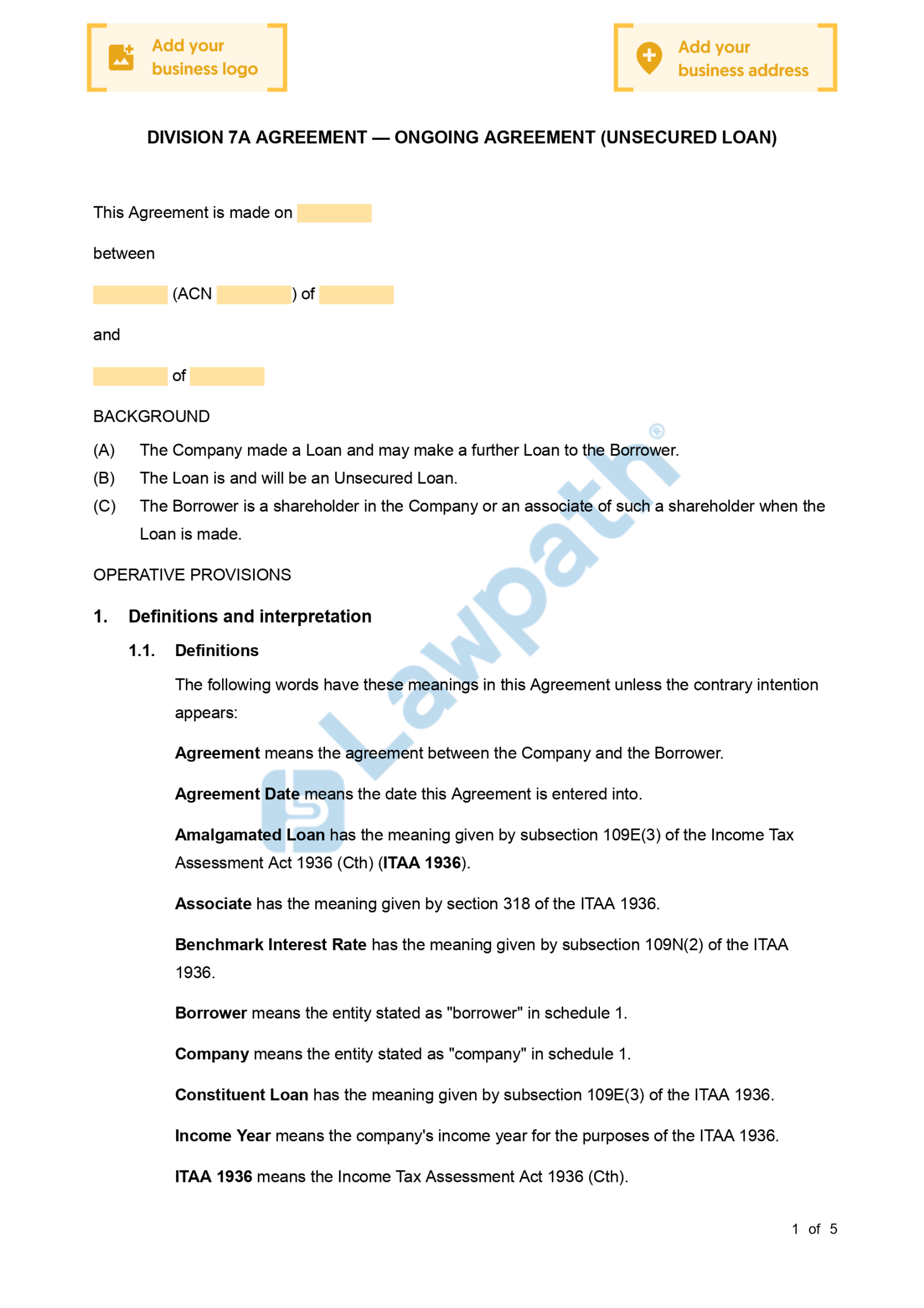 Division A Loan Agreement - Free Template  Sample - Lawpath