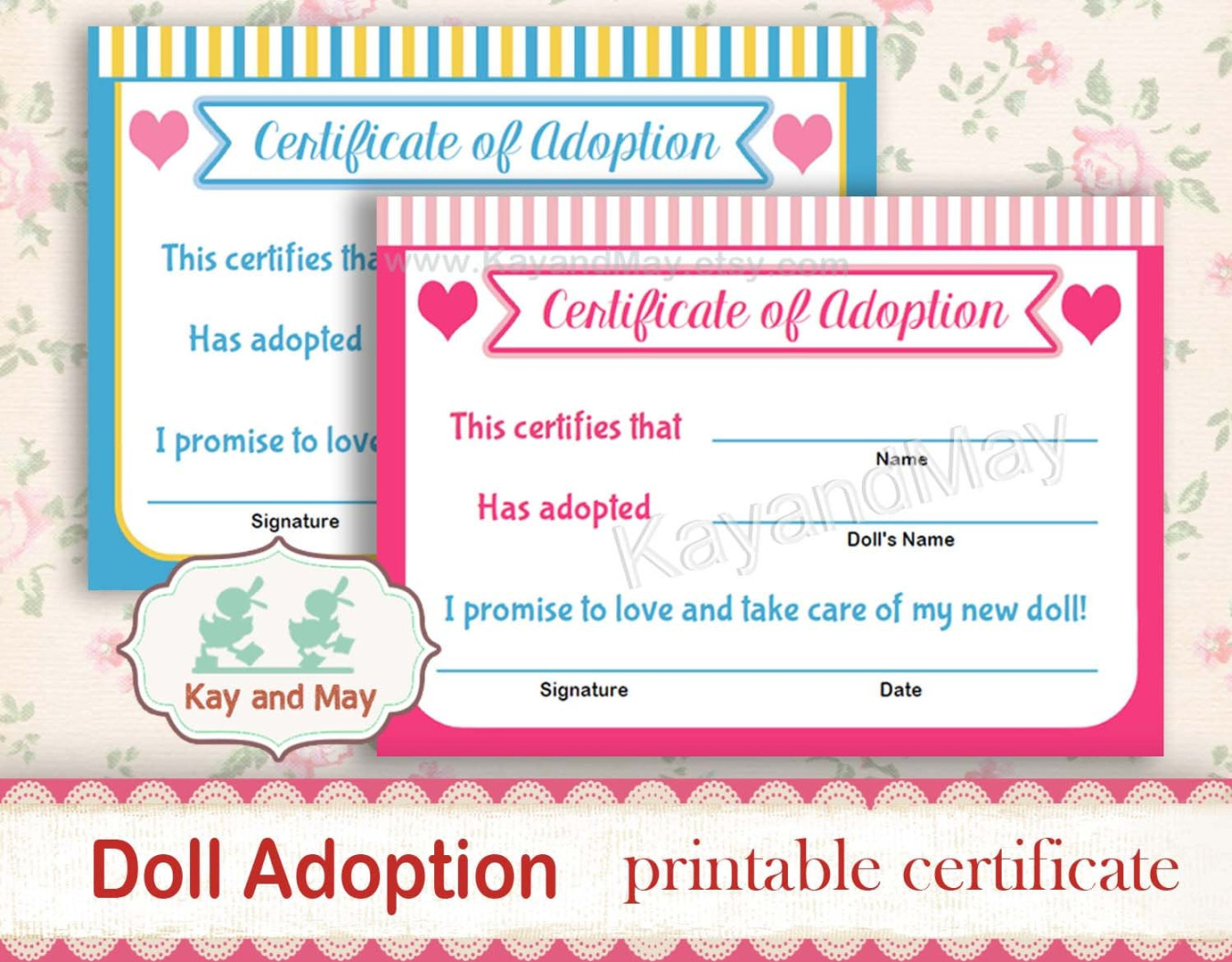 DOLL ADOPTION Certificate, adopt a doll party, printable certificate for  baby doll, plushie doll, soft rag doll, digital download #KM-