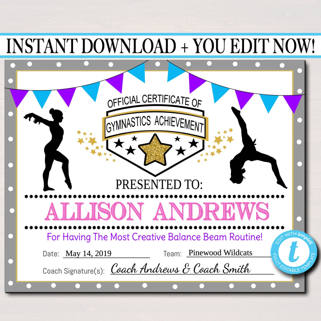 EDITABLE Gymnastics Certificates, INSTANT DOWNLOAD Gymnastics Team