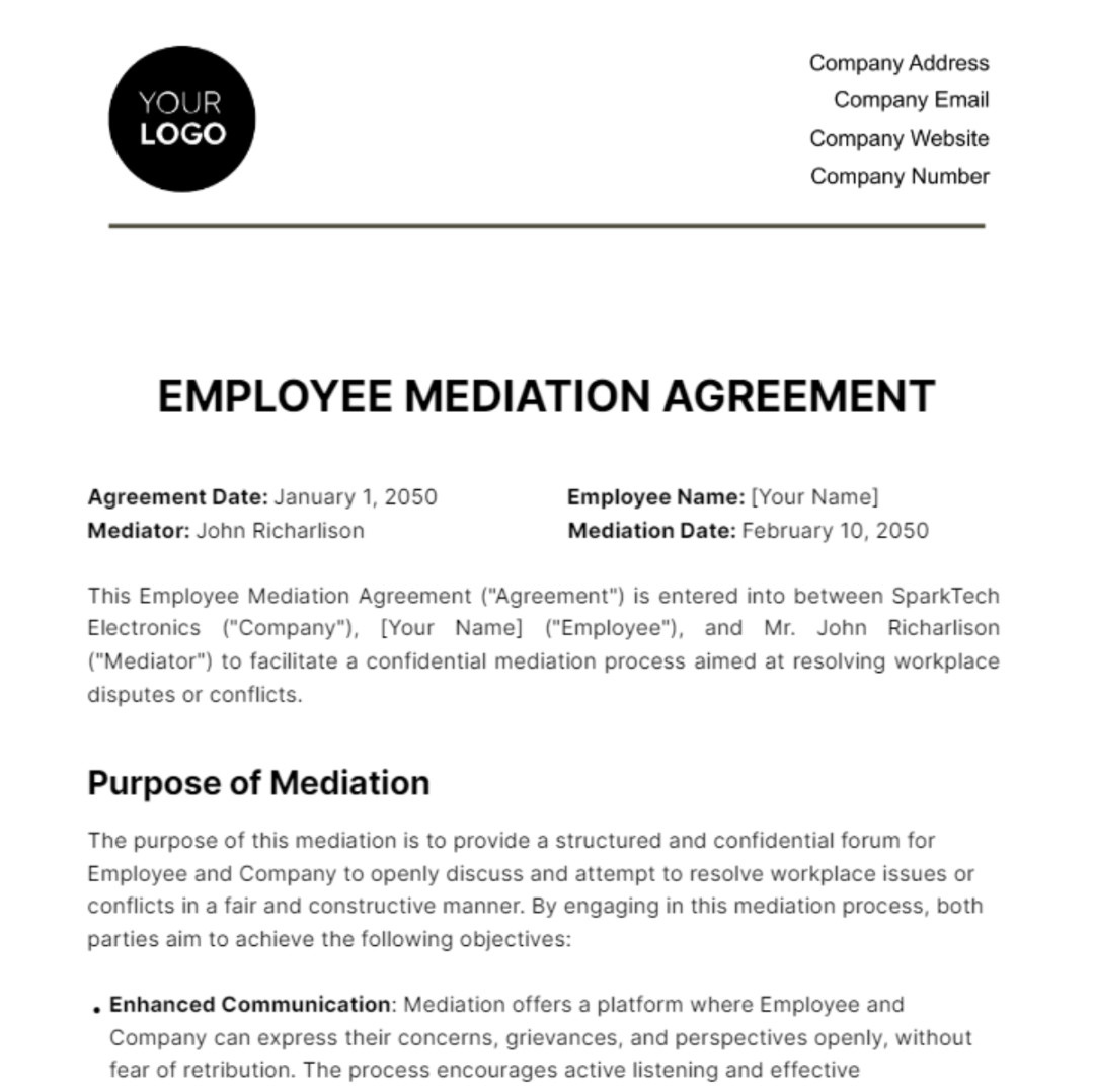 Employee Mediation Agreement HR Template - Edit Online & Download