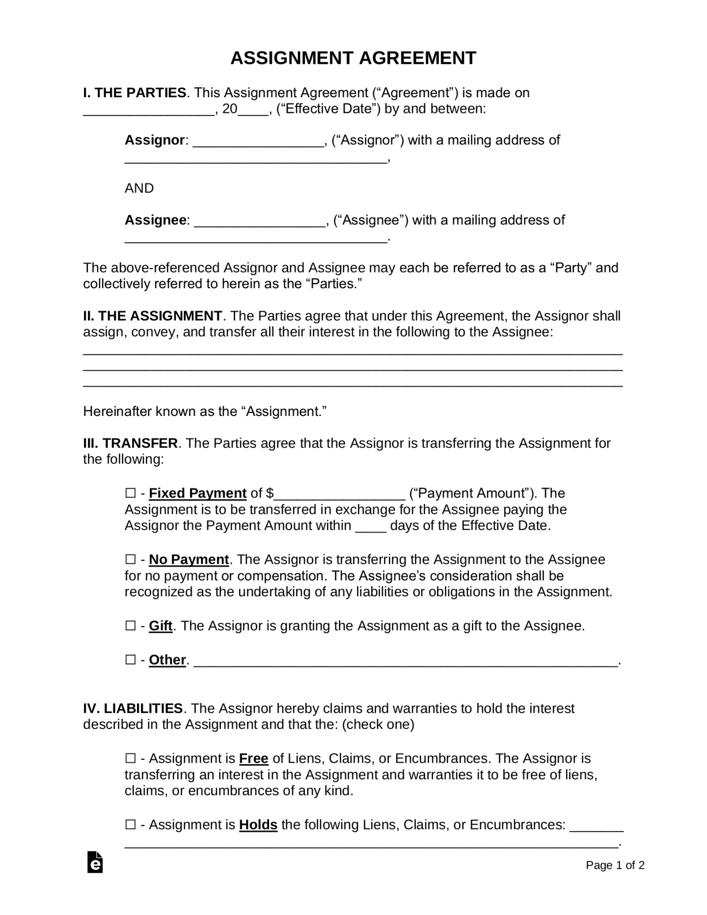 Free Assignment Agreement Forms ()  Samples - PDF  Word – eForms