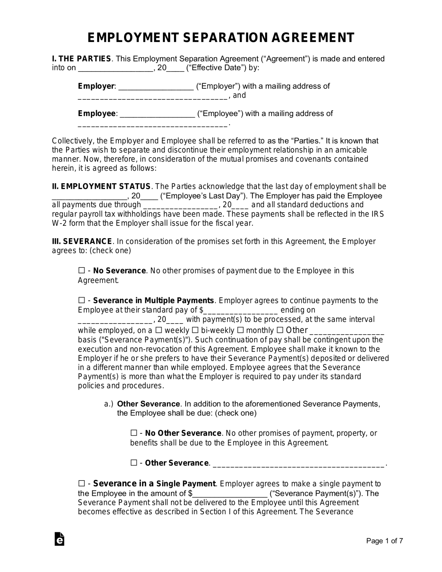 Free Employment Separation Agreement Template - PDF  Word – eForms