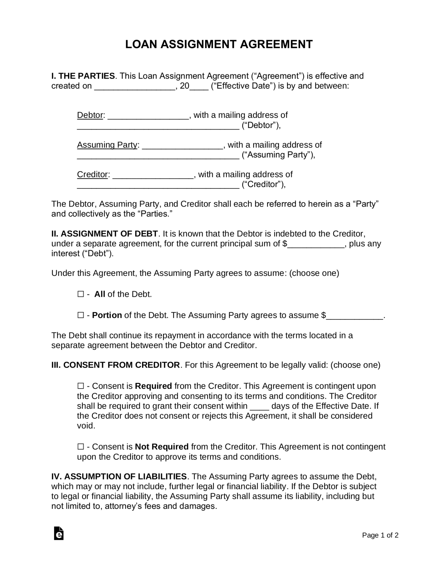 Free Loan Assignment Agreement Template - PDF  Word – eForms