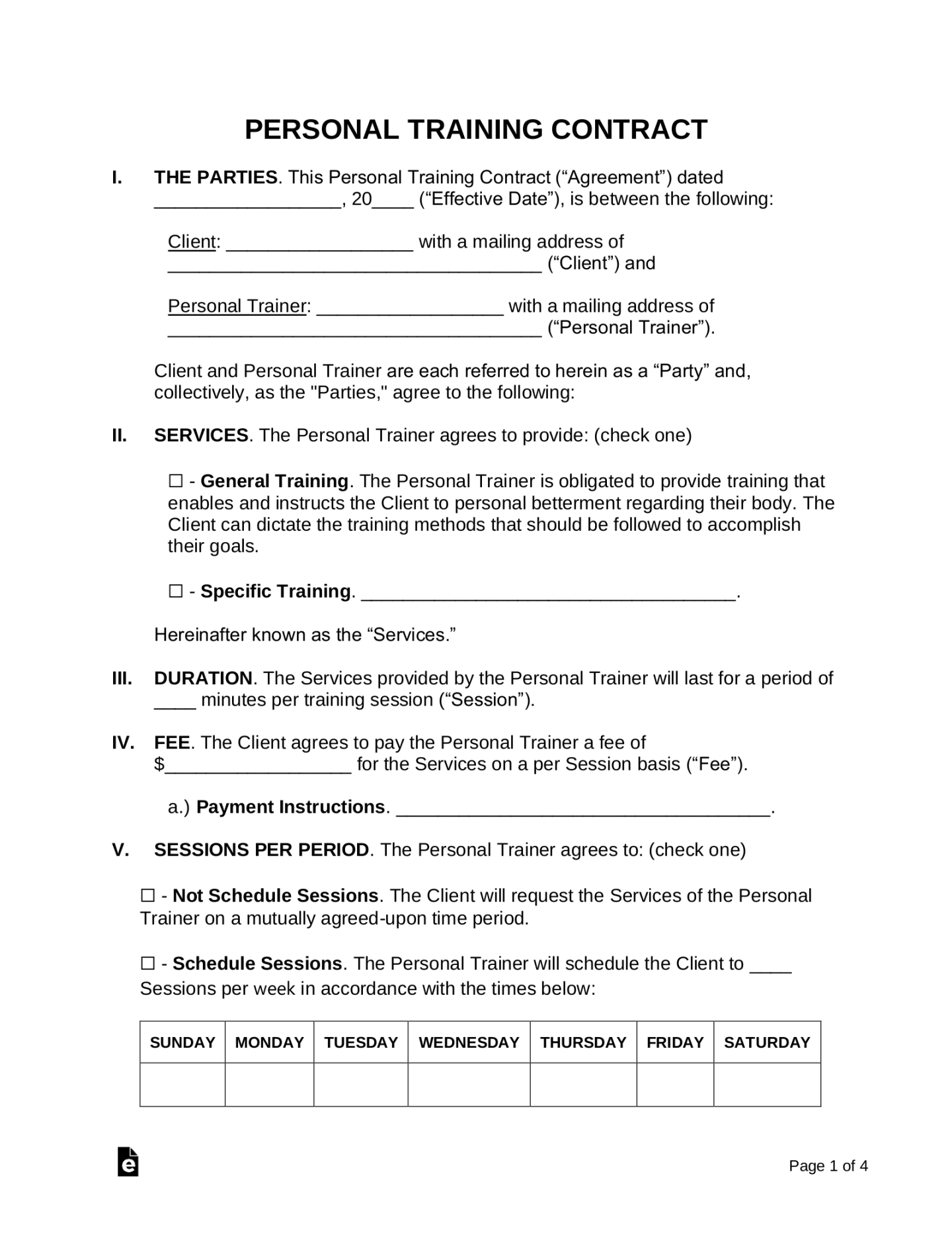 Free Personal Training Contract Template - PDF  Word – eForms