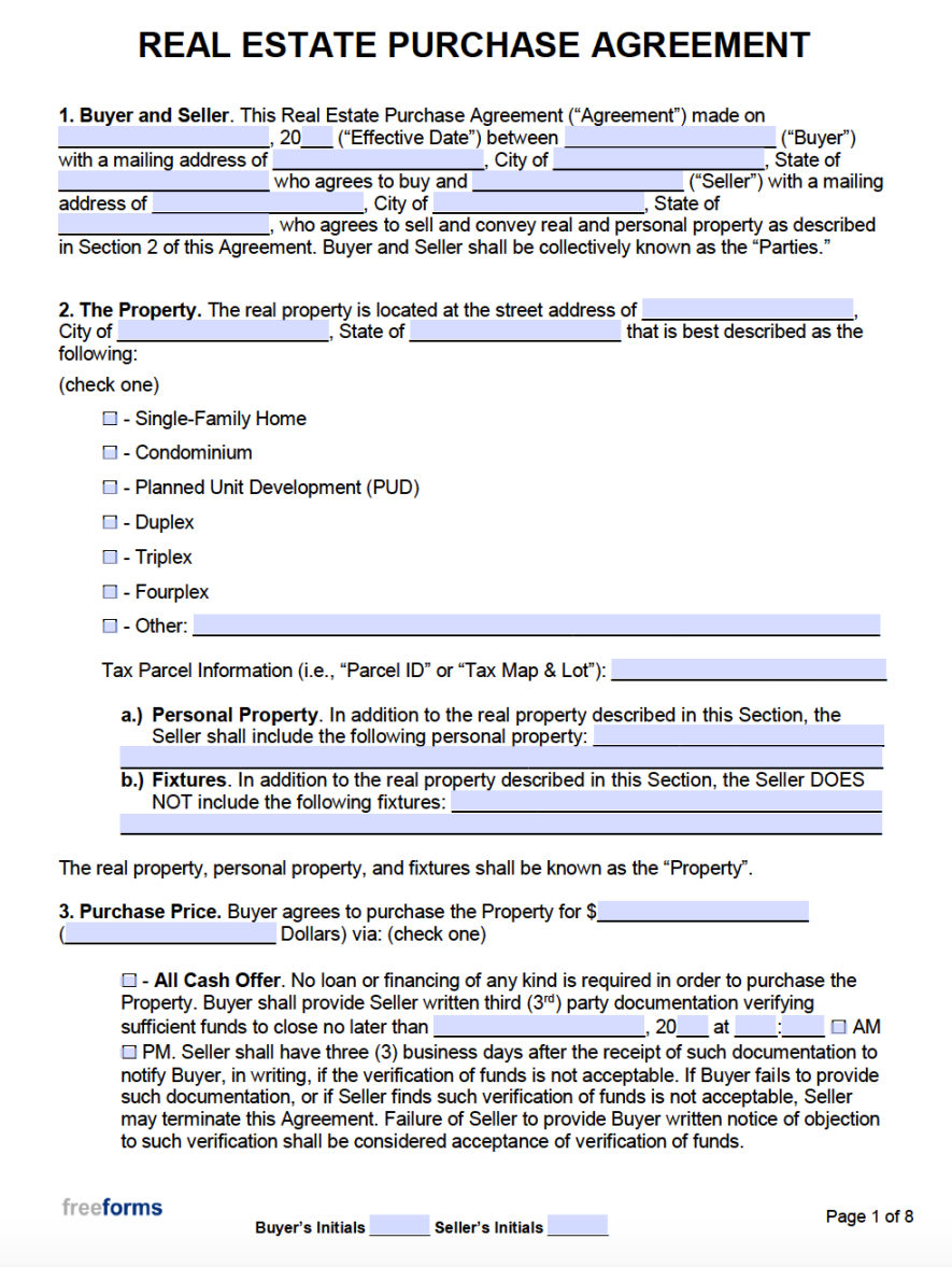 Free Real Estate Purchase Agreements  PDF  Word