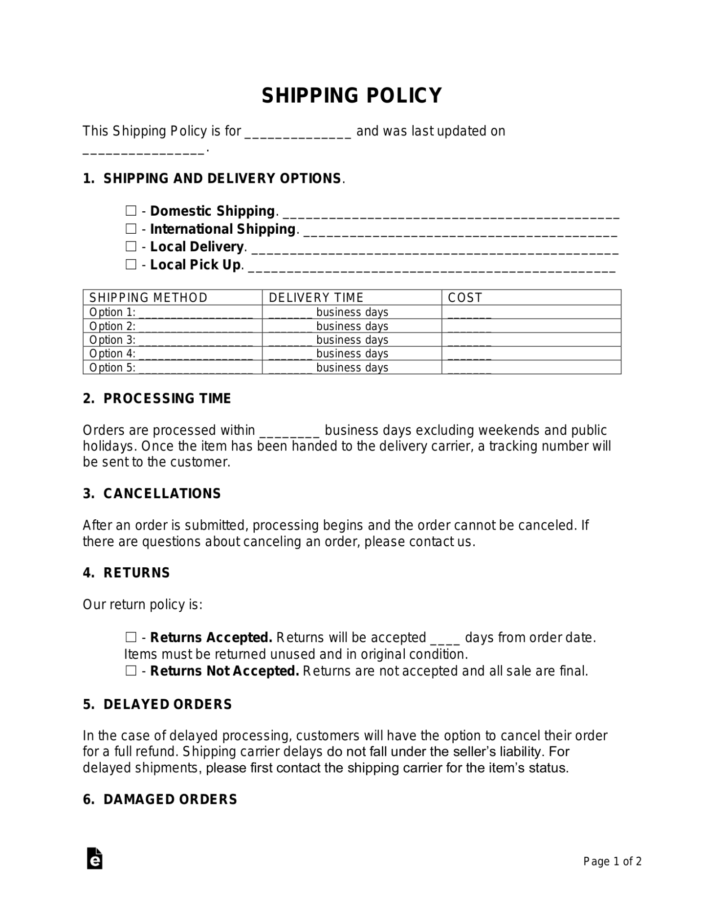 Free Shipping Policy Template & Generator - PDF  Word – eForms