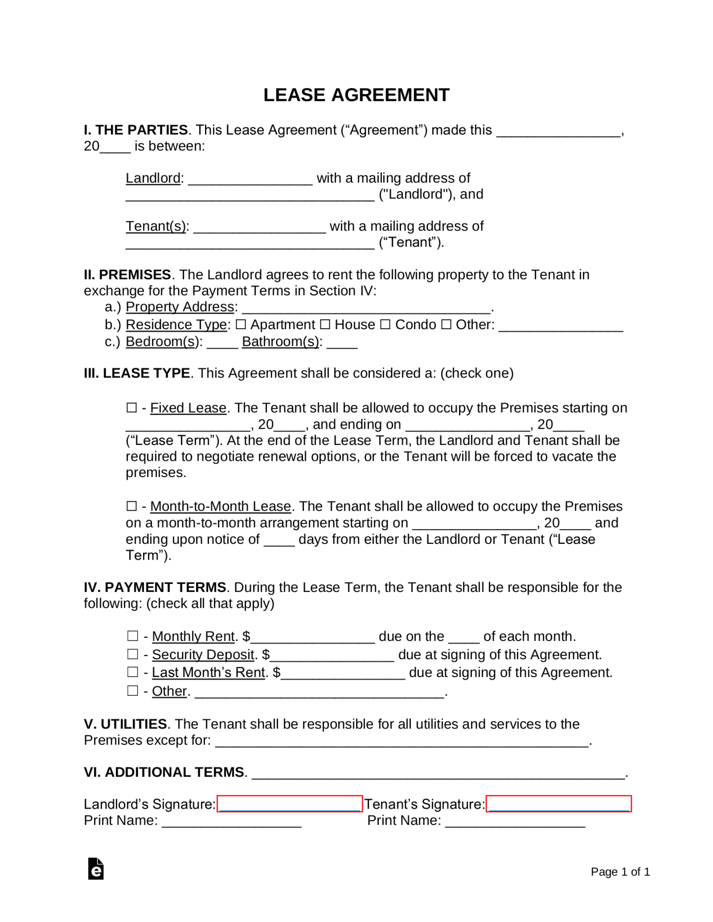 Free Simple -Page Lease Agreement Template  Sample - PDF  Word