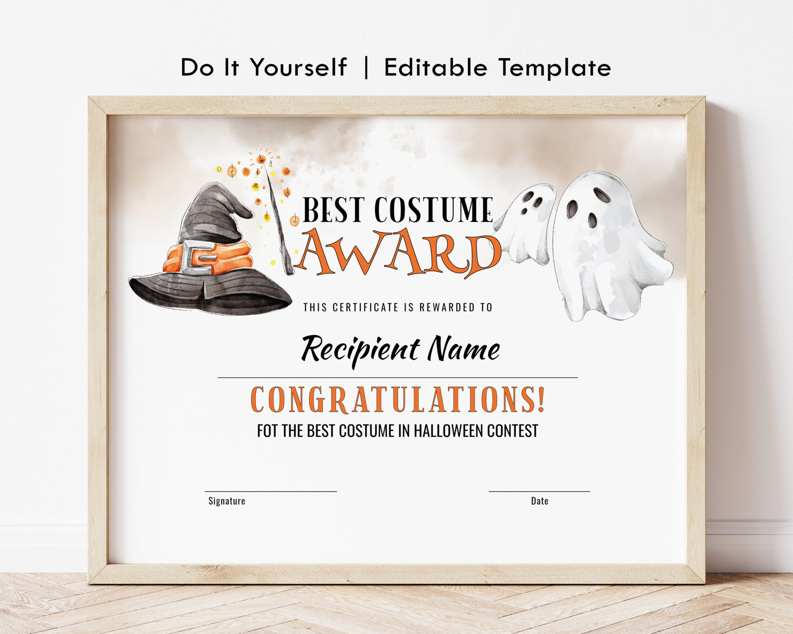 Halloween Certificate Template, Editable Halloween Best Costume