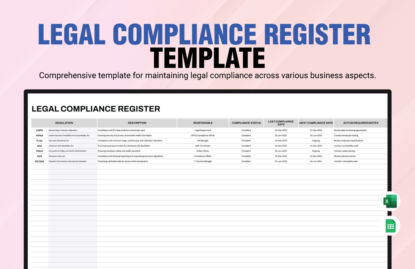 Legal Compliance Register Template in MS Excel, Google Sheets