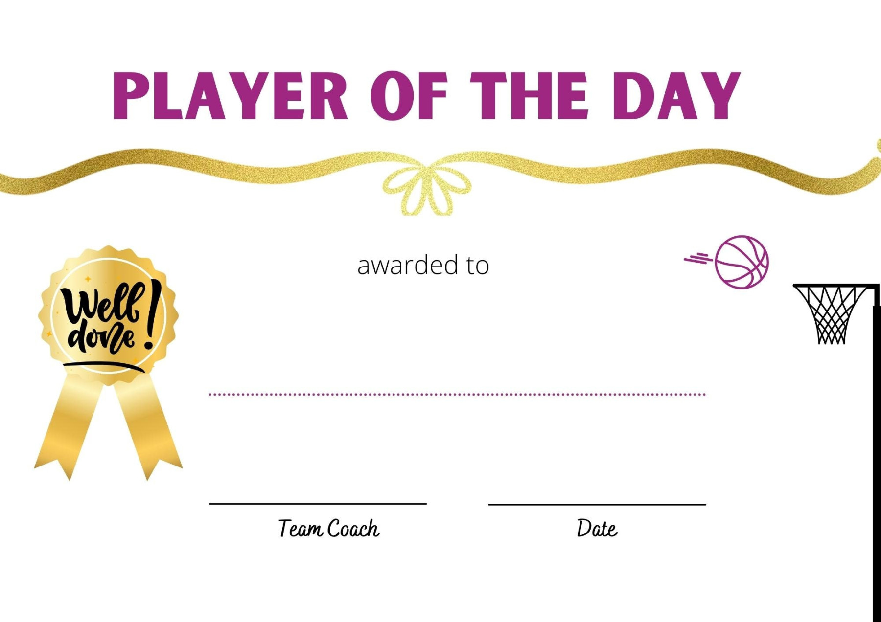 Netball Player of the Day/match Certificate