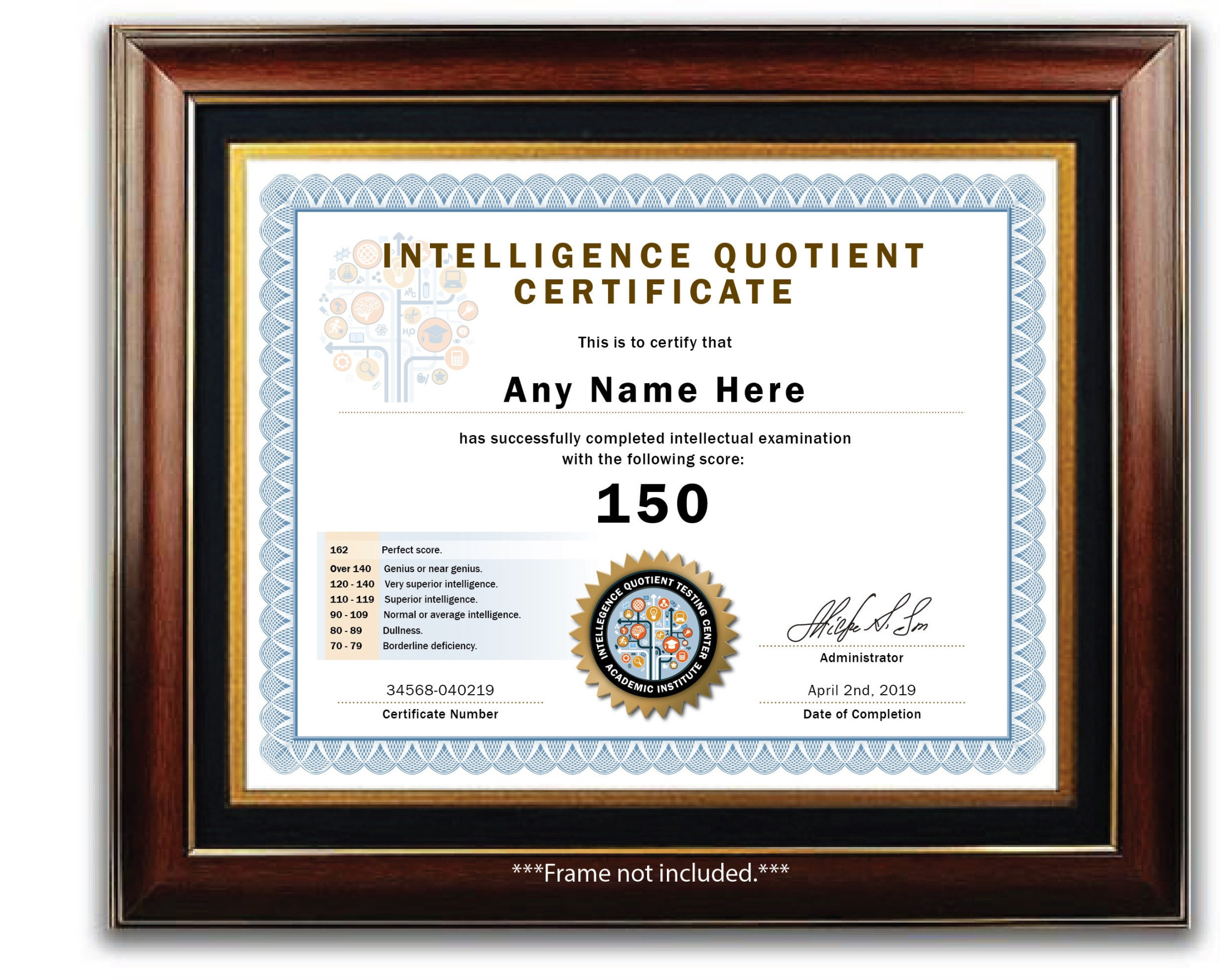 Personalized IQ Test Score Certificate Intelligence Quotient