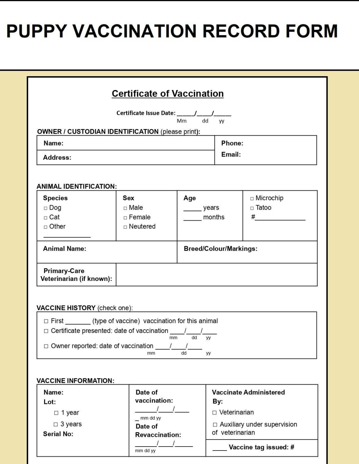 Pet Vaccination Record Template - Puppy Vaccination Record Form - Dog  vaccination Record - PDF and Editable Word Document - Instant Download