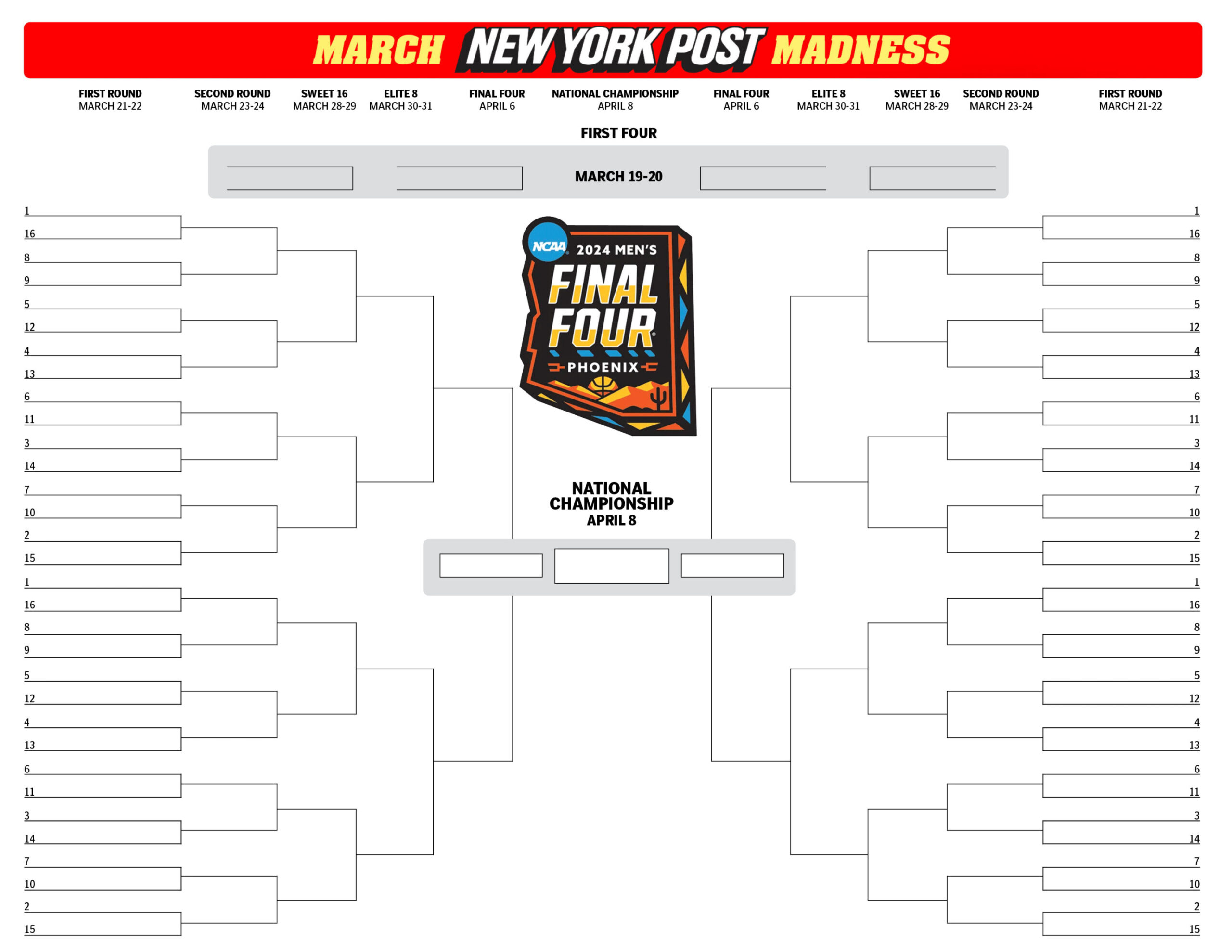 Printable blank NCAA bracket template for March Madness