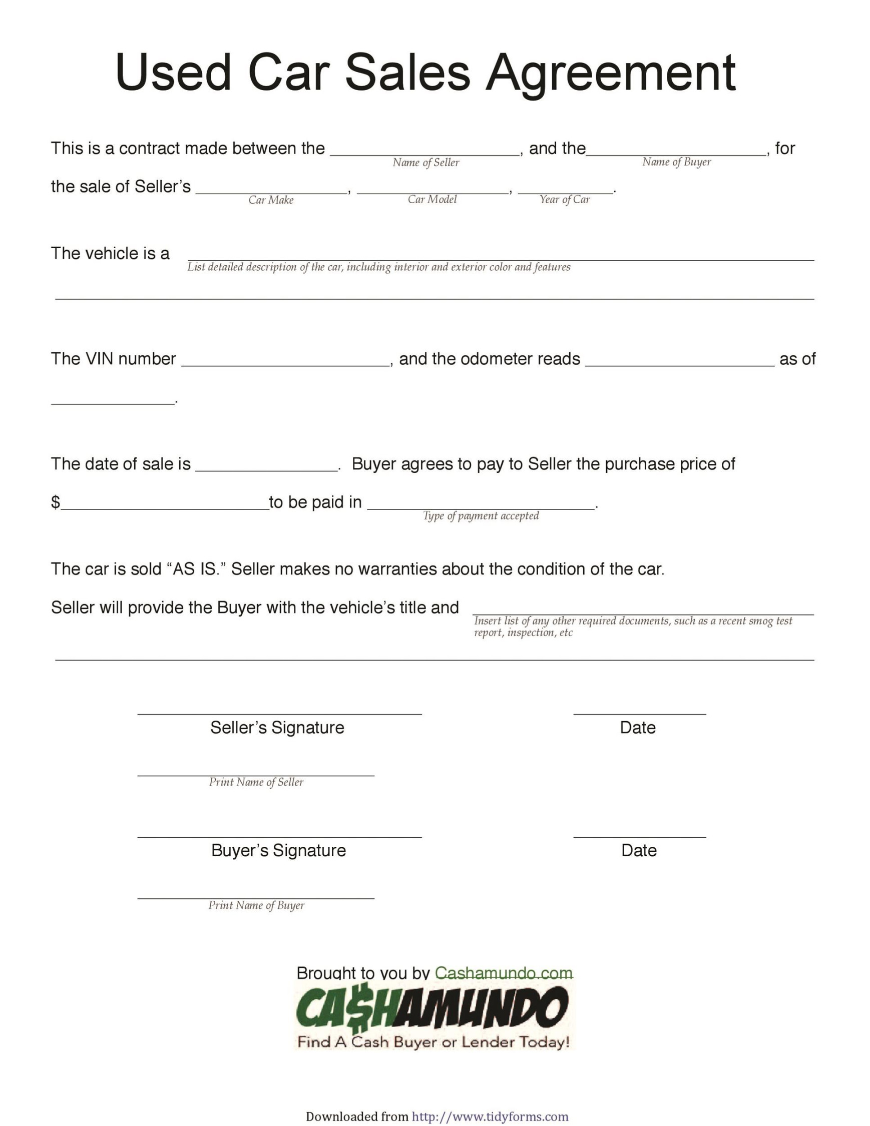 Printable Vehicle Purchase Agreement Templates [Word, PDF]