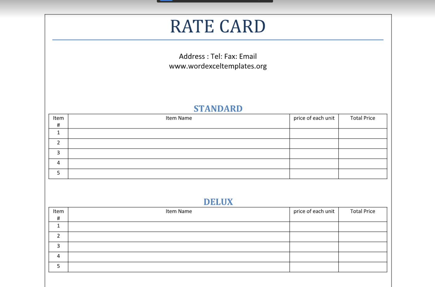 RATE CARD