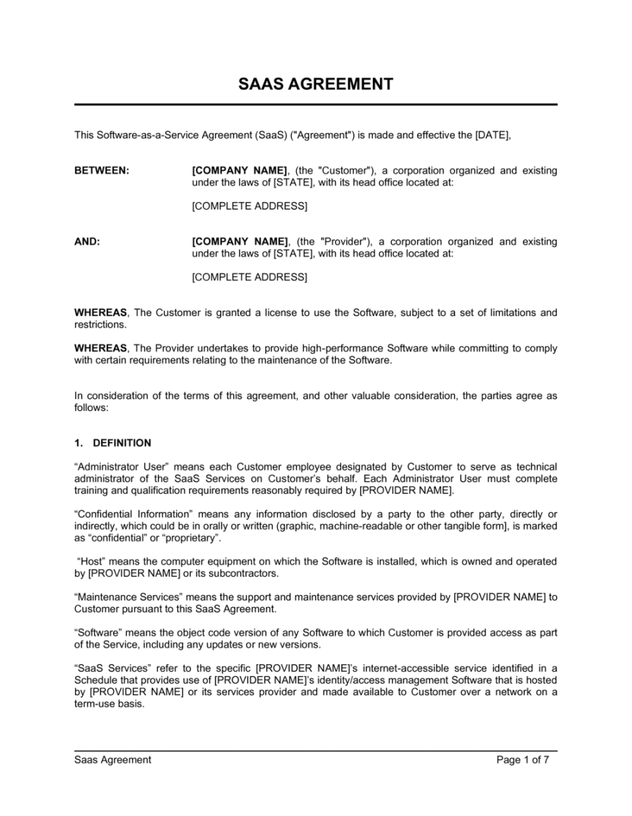 SaaS Agreement Template  [Download