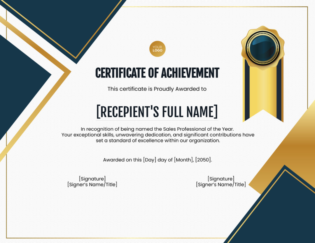 Sales Professional of the Year Certificate Template in MS Word