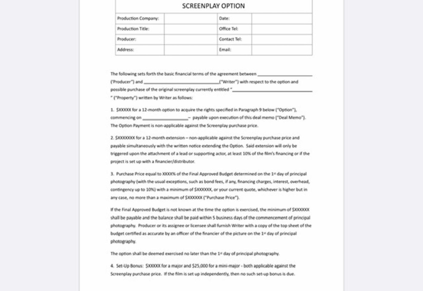 Screenplay Option Agreement - Film Contract Template -