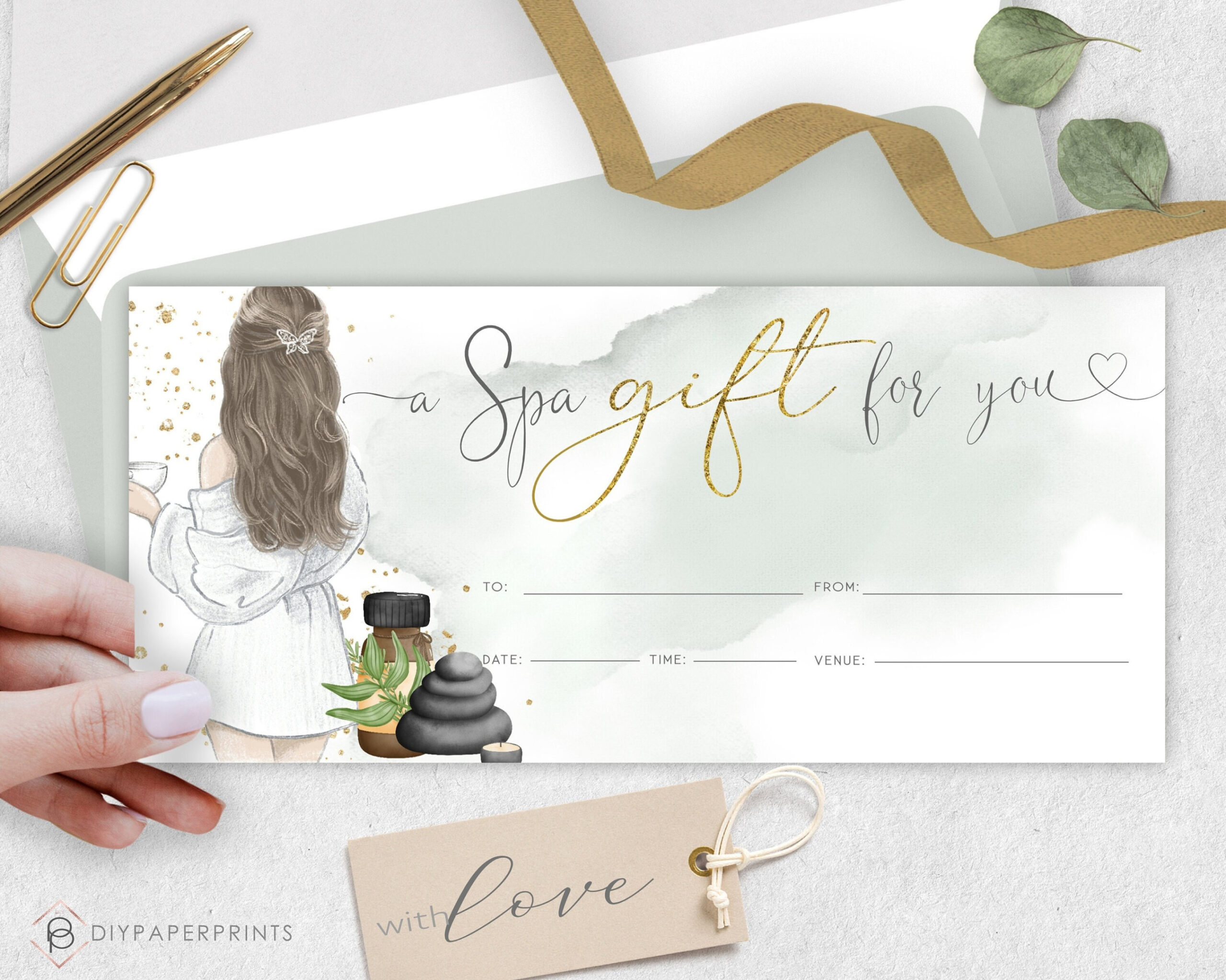 Spa Day Gift Voucher Certificate Template, DIY Gift Certificate