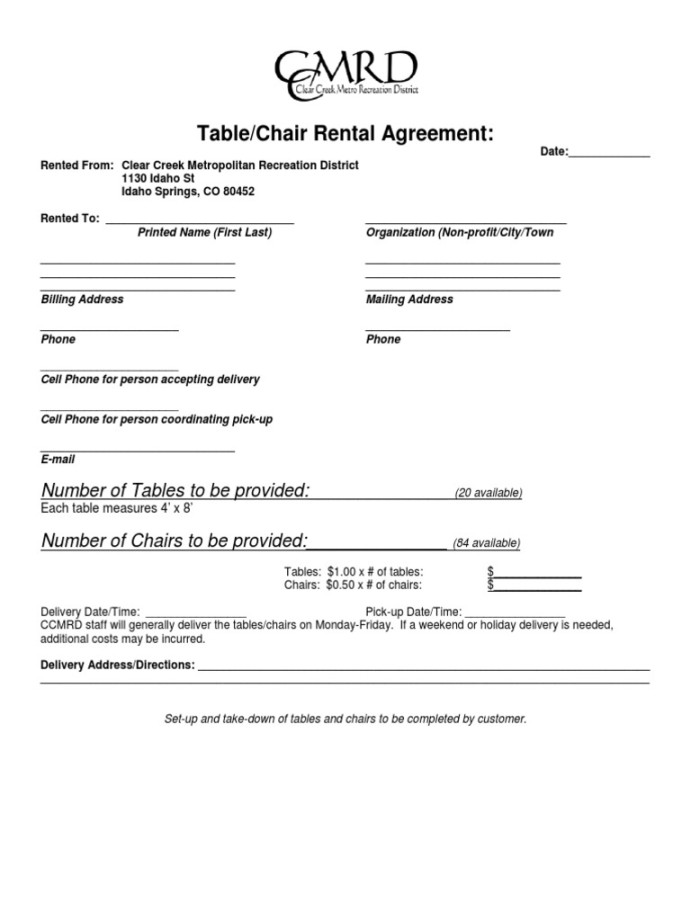 Table and Chair Rental Agreement  PDF  Indemnity  Renting