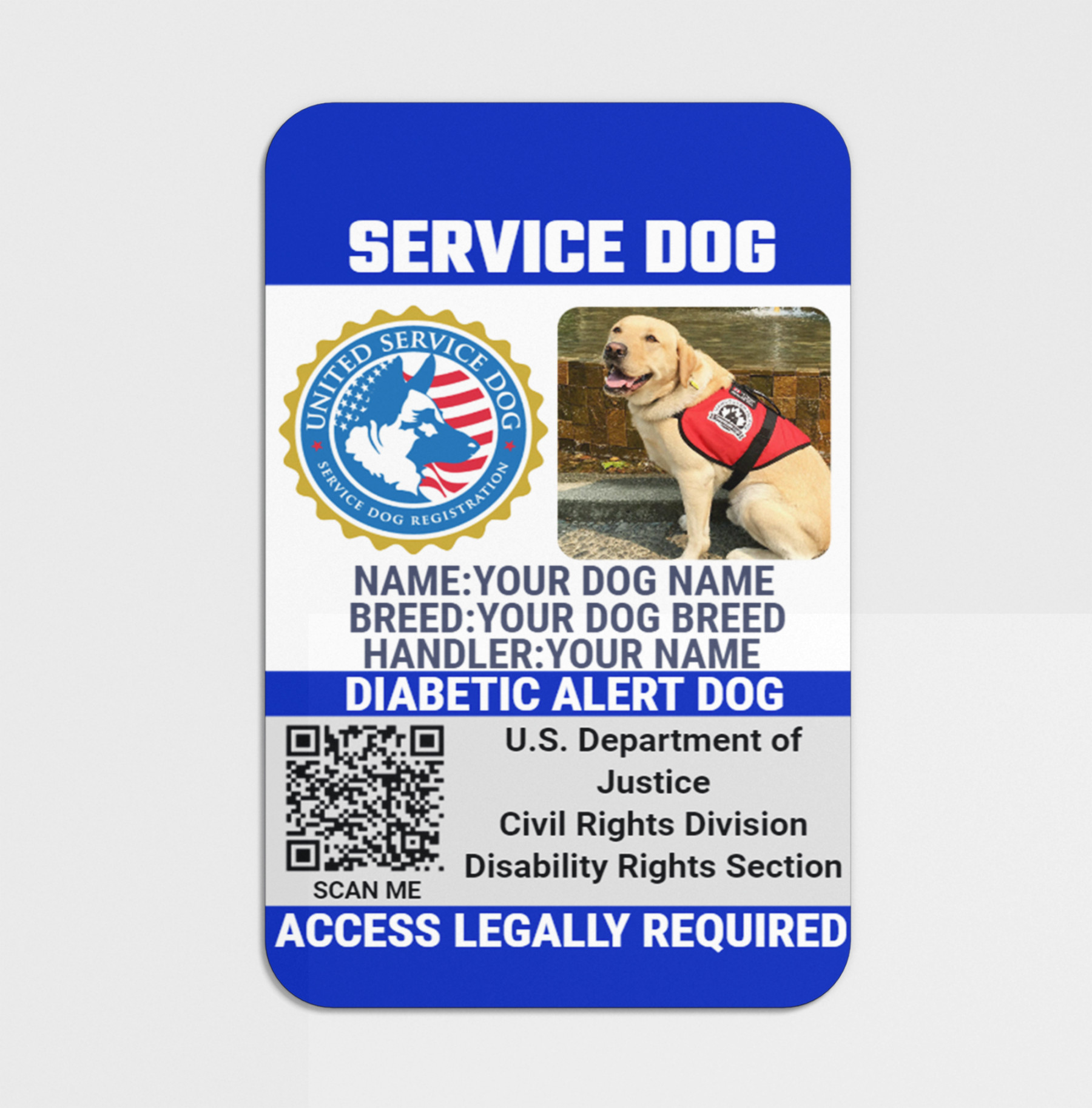 US Assistance Dog card Template, Editable Digital Certificate