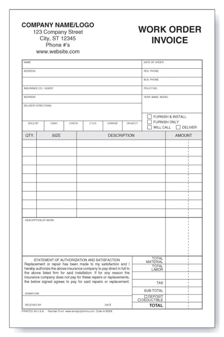 Auto-glass Work Order/Invoice