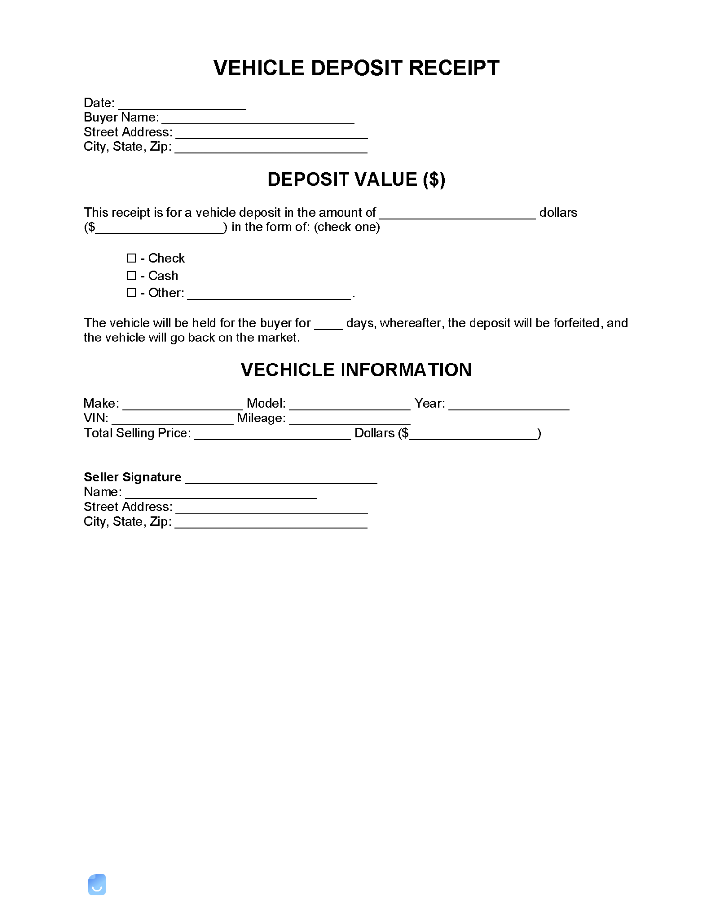 Car Deposit Receipt Template  Invoice Maker