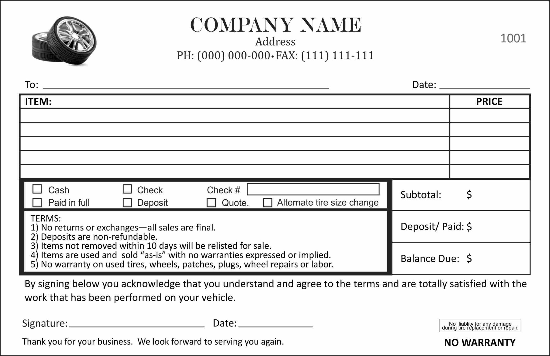 Custom Tire Shop Receipt Forms Printing  EzeePrinting