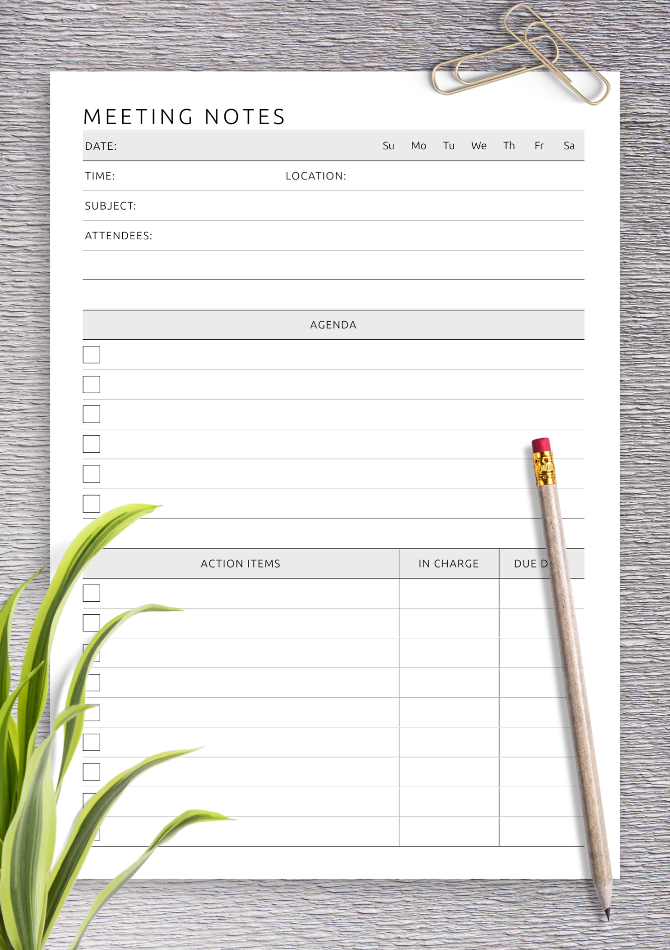 Download Printable Meeting Notes Template with Agenda and Action