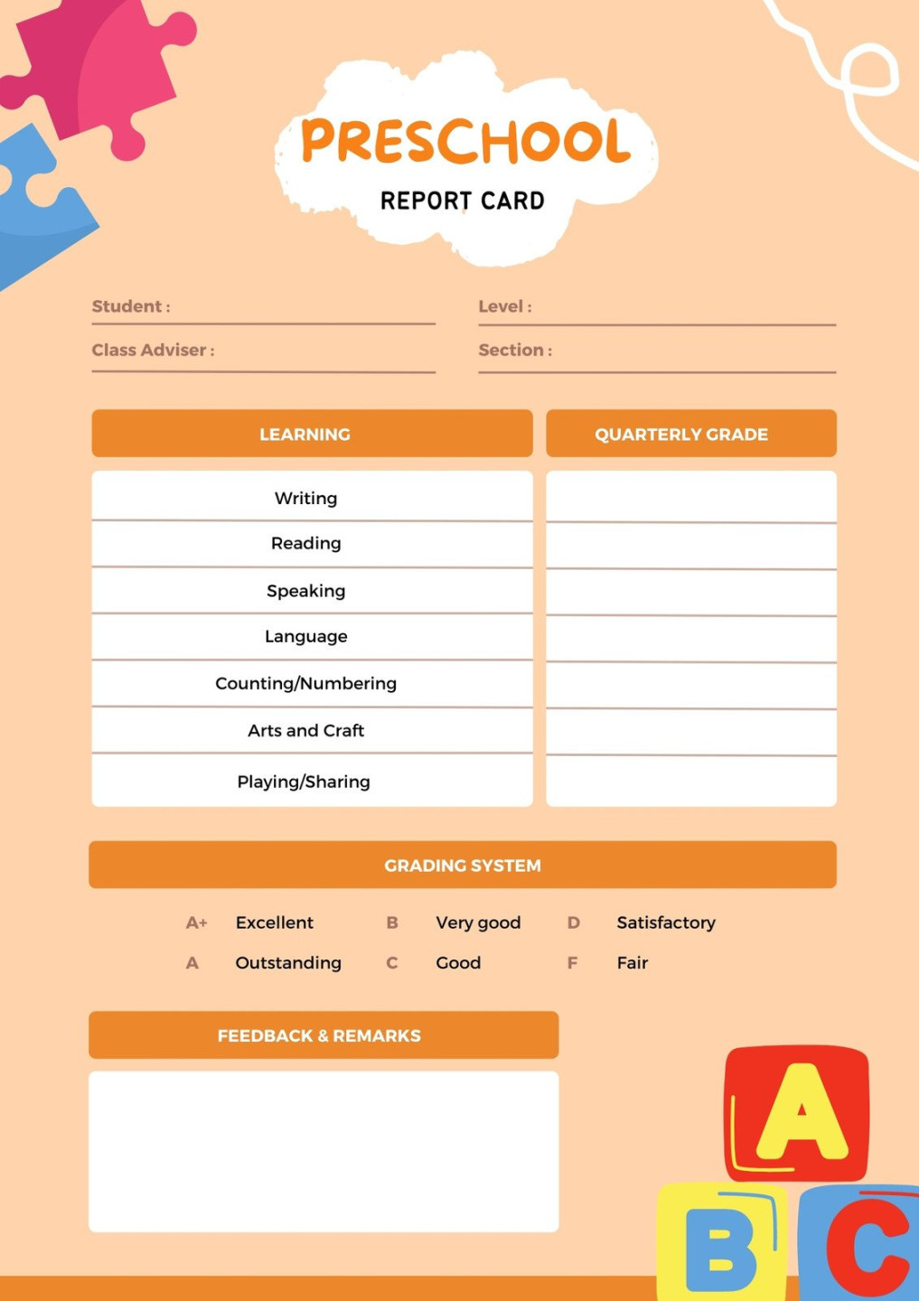 Free custom printable preschool report card templates  Canva