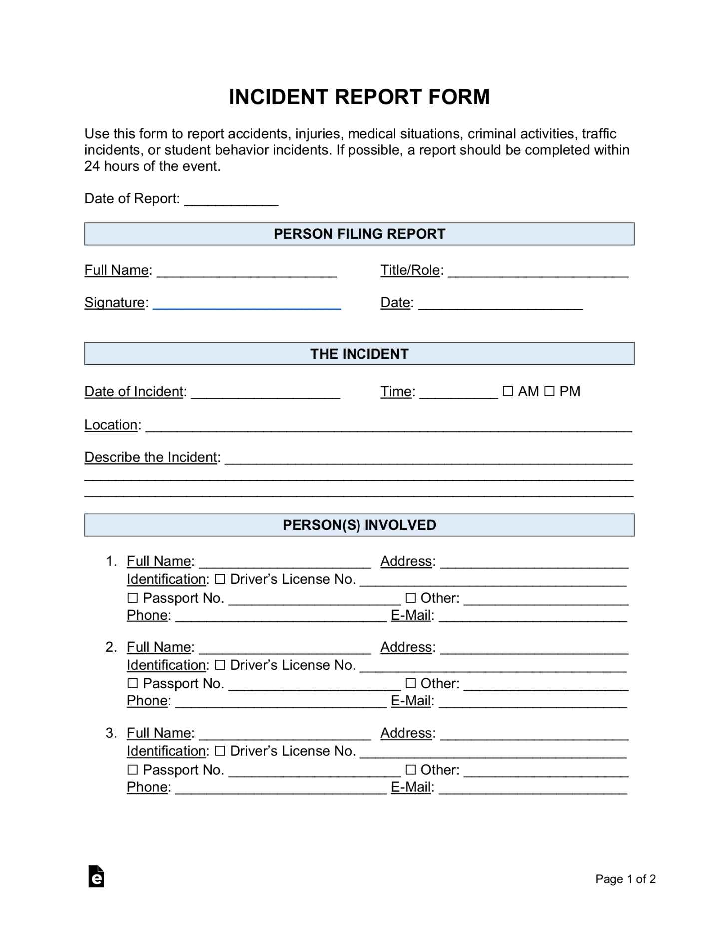 Free Incident Report Templates - PDF  Word – eForms