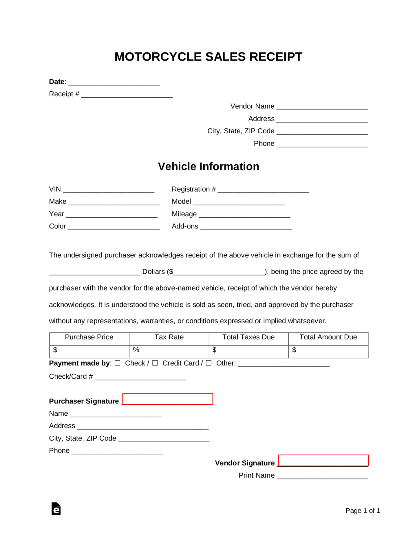 Free Motorcycle Sales Receipt Template - PDF  Word – eForms