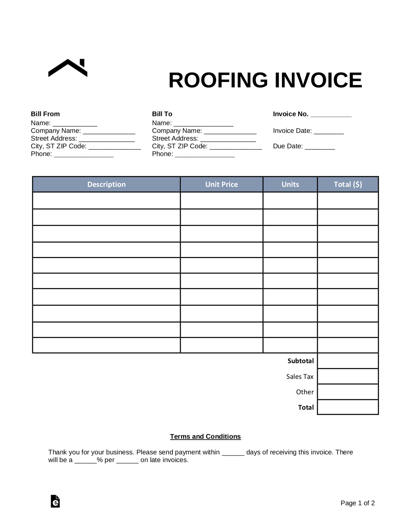 Free Roofing Invoice Template - PDF  Word – eForms