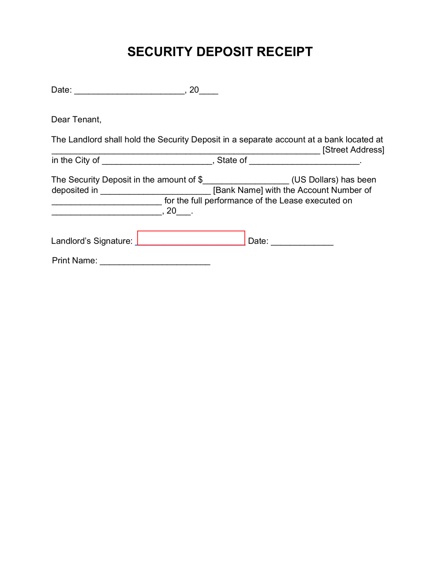 Free Security Deposit Receipt Template - PDF  Word – eForms