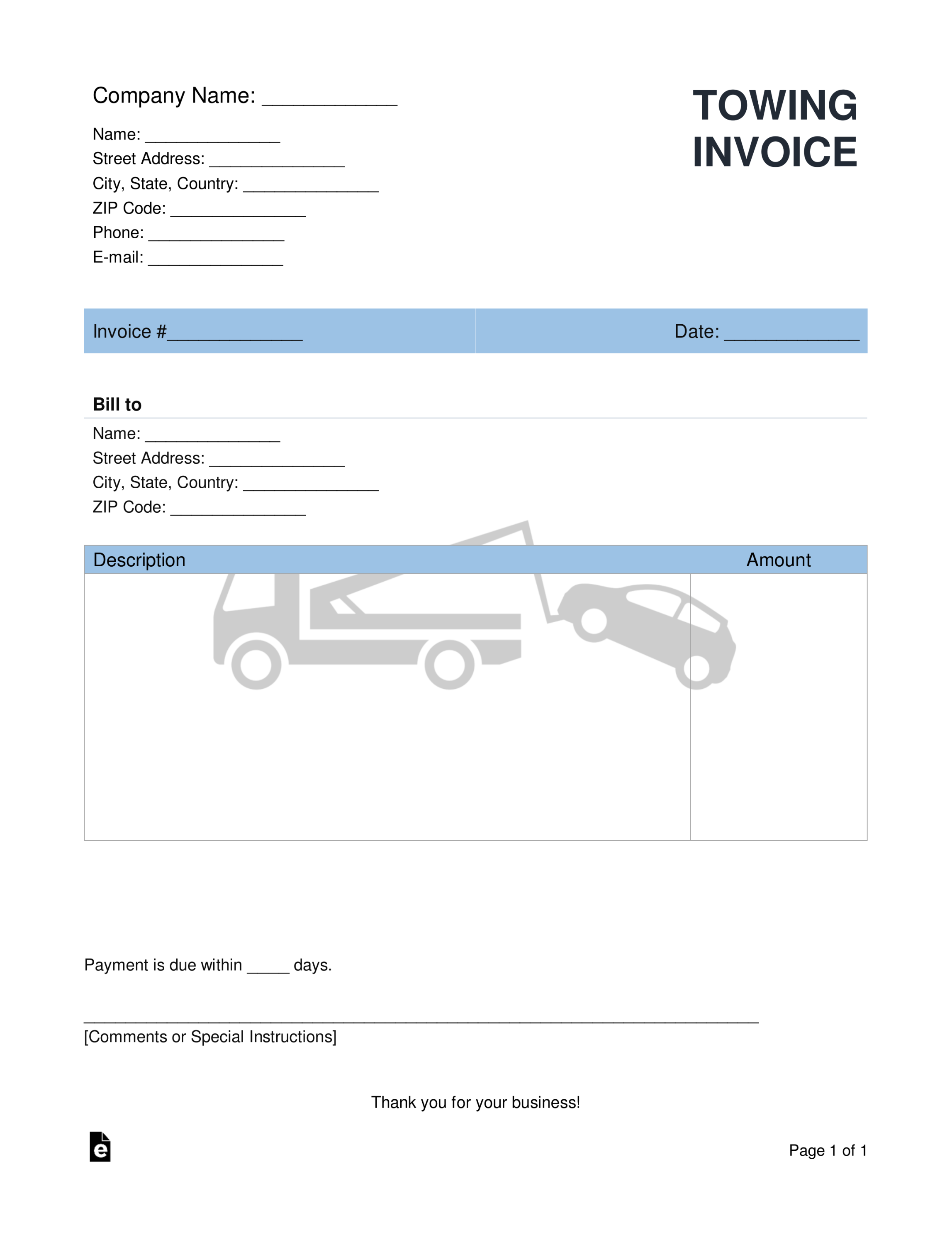 Free Towing Company Invoice Template - PDF  Word – eForms