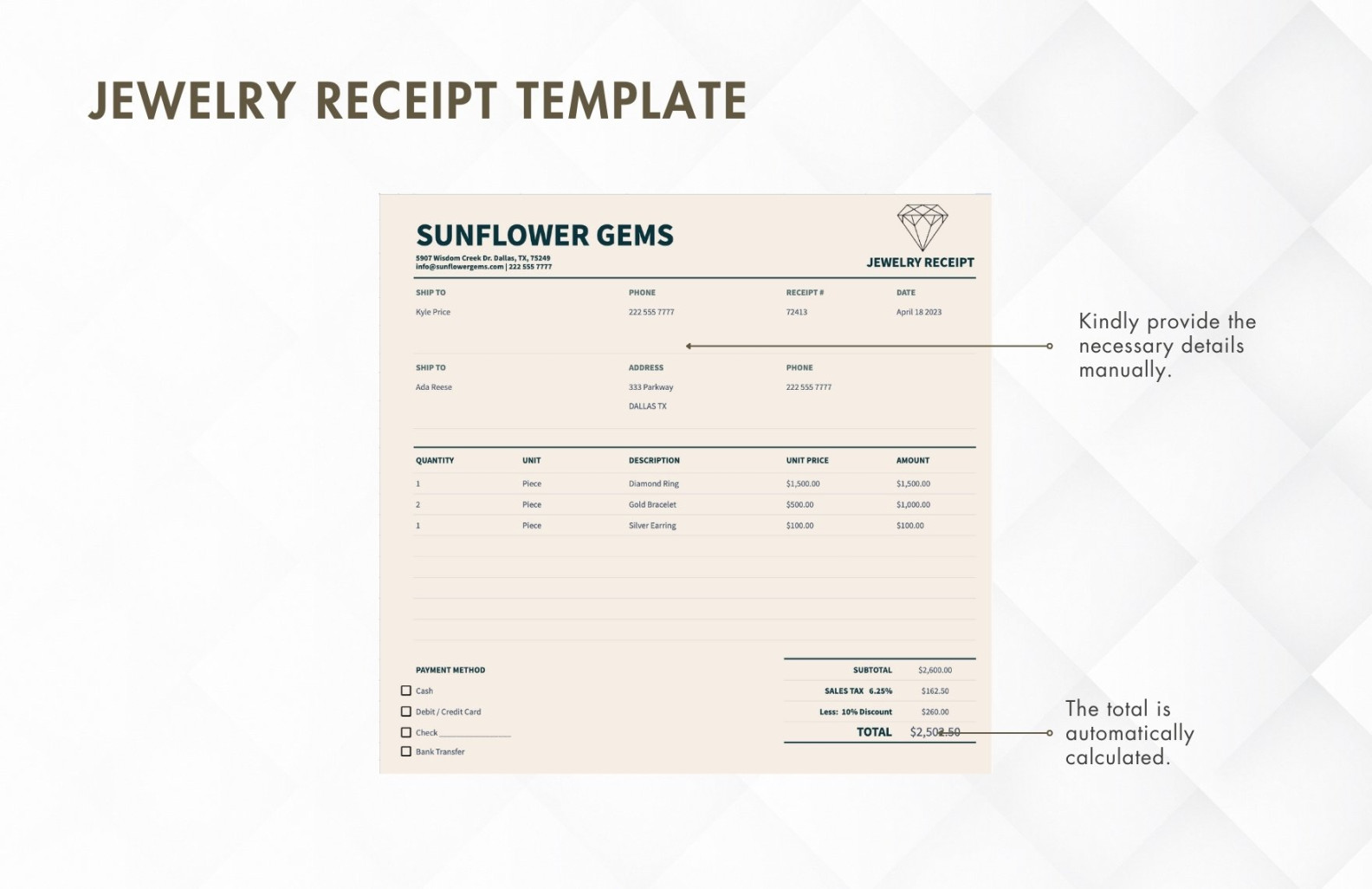 Jewelry Receipt Template in Excel, Google Sheets - Download