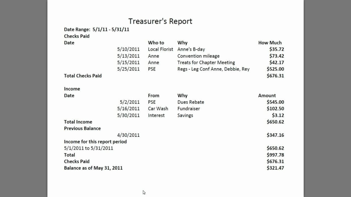 Non Profit Treasurer Report Template