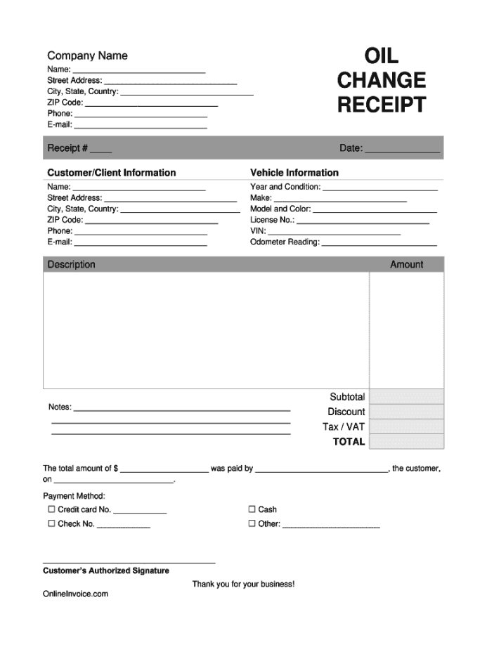 Oil Change Receipt - Fill Online, Printable, Fillable, Blank