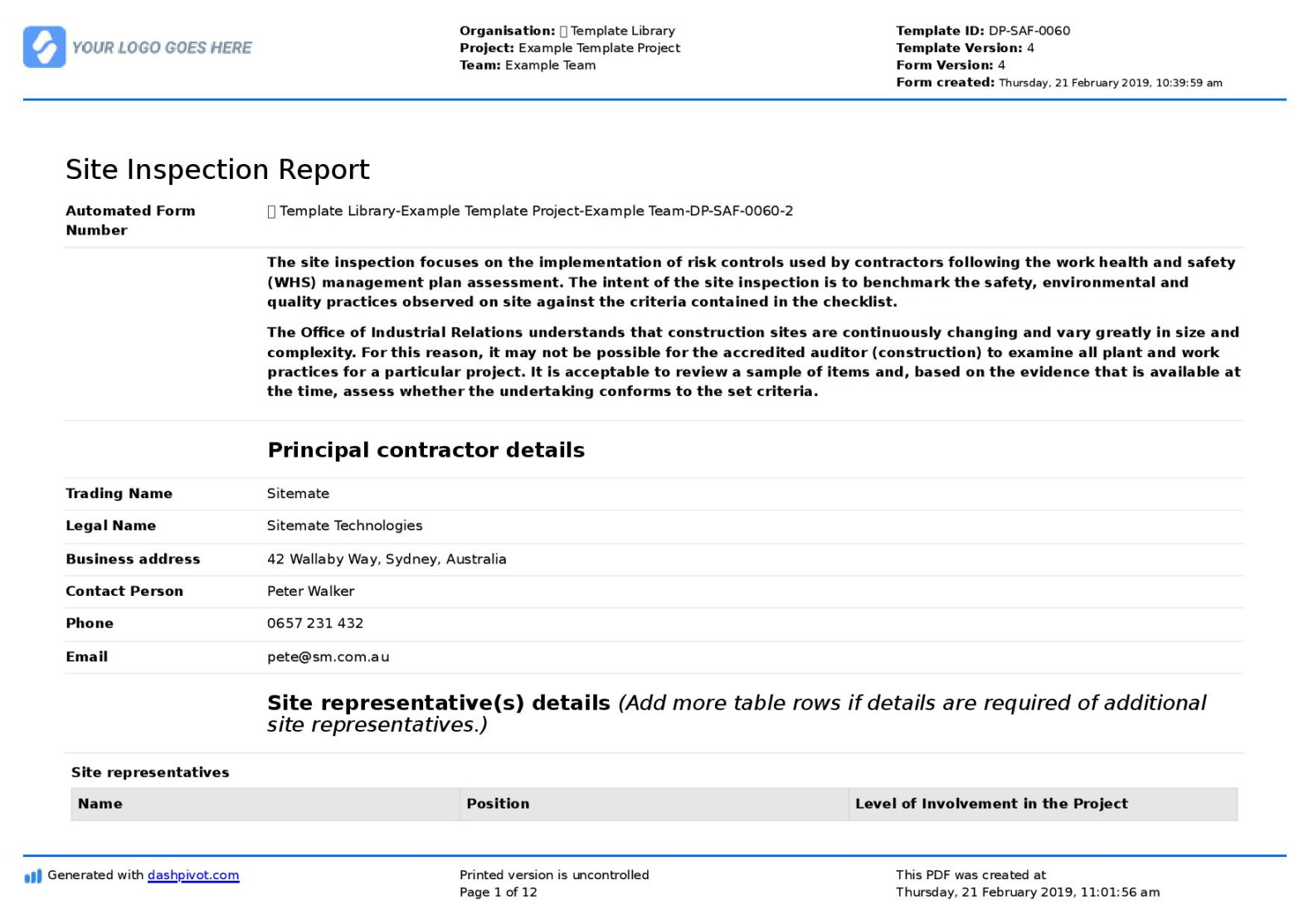 Site Inspection Report Template: Like a word doc & sample PDF