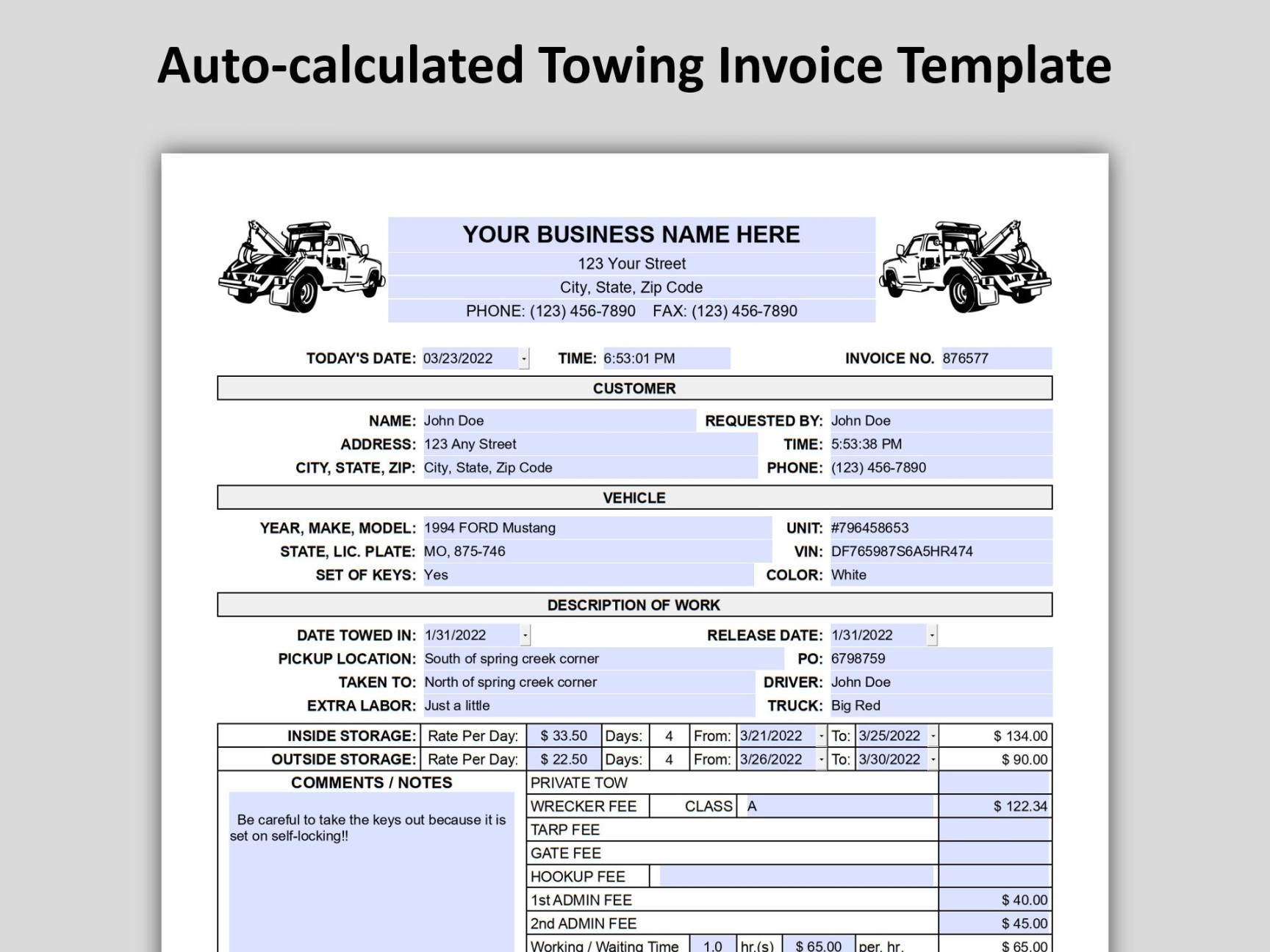 Towing Invoice Template, Auto-calculated PDF Towing Invoice Form